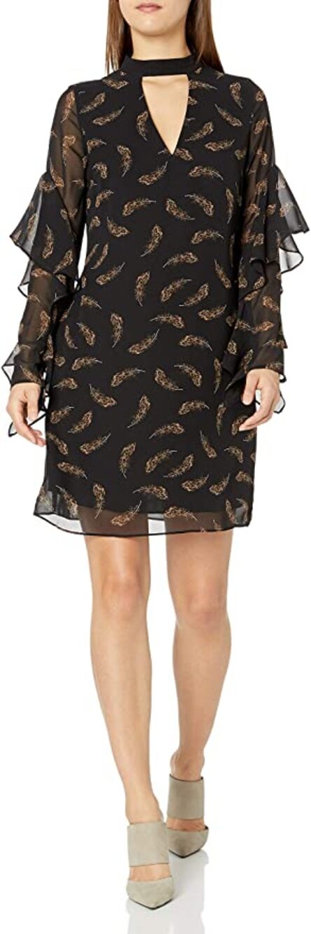 Sam Edelman Fully Lined Sheer Black Dress Feather Pattern Choker Neck Size 8 EUC